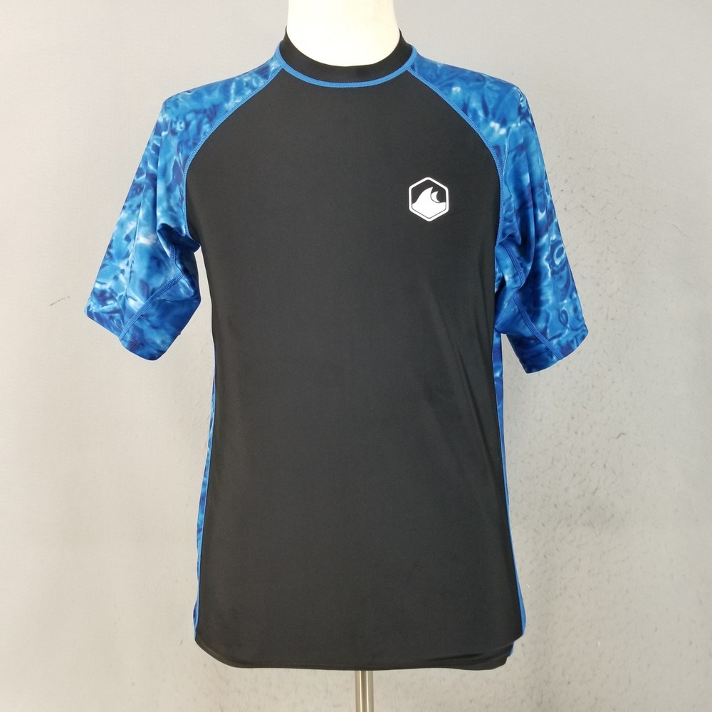 Aqua Design Rash Guard Mens L Black Blue Print Surf Shirt Athletic Swim Top